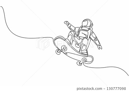 Single continuous line drawing astronaut is playing skateboard. Playing extreme sports in a vacuum. Stay healthy while exploring space. National Astronaut Day. One line design vector illustration Single continuous line drawing astronaut is playing skateboard. Playing extreme sports in a vacuum. Stay healthy while exploring space. National Astronaut Day. One line design vector illustration 130777098