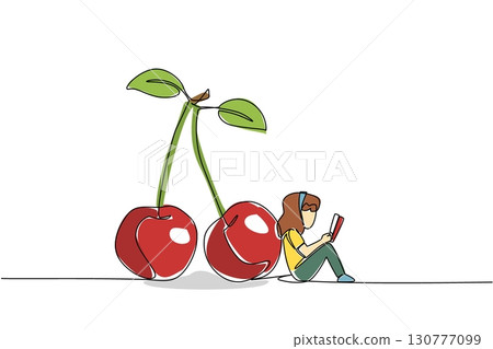 Single continuous line drawing young girl reading leaning next to cherry. Reading fiction seriously. Hobby reading. Girl Reading Book at Vegetables and Fruits. One line design vector illustration Single continuous line drawing young girl reading leaning next to cherry. Reading fiction seriously. Hobby reading. Girl Reading Book at Vegetables and Fruits. One line design vector illustration 130777099