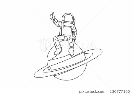 Single continuous line drawing the astronaut sitting on planet Saturn while his fingers form a thumbs up gesture. Relax before exploring. National Astronaut Day. One line design vector illustration Single continuous line drawing the astronaut sitting on planet Saturn while his fingers form a thumbs up gesture. Relax before exploring. National Astronaut Day. One line design vector illustration 130777100