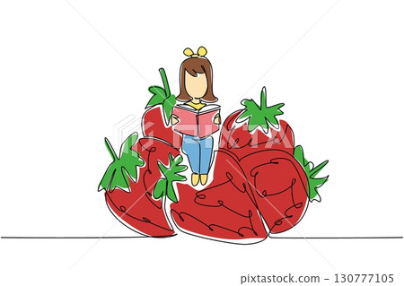 Continuous one line drawing girl reading on pile of strawberries. Harvest season and exam season come together. Girl Reading Book at Vegetables and Fruits. Single line draw design vector illustration 130777105