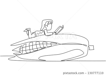 Single continuous line drawing girl reading on corn. Find out the best season to plant corn seeds to make them sweet. Girl Reading Book at Vegetables and Fruits. One line design vector illustration 130777110