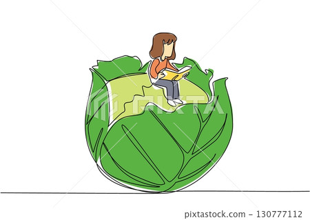 Continuous one line drawing young girl reading on leafy green cabbage. Enjoy reading during the harvest season. Girl Reading Book at Vegetables and Fruits. Single line draw design vector illustration Continuous one line drawing young girl reading on leafy green cabbage. Enjoy reading during the harvest season. Girl Reading Book at Vegetables and Fruits. Single line draw design vector illustration 130777112