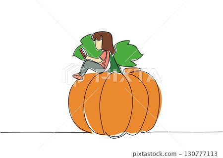 Single continuous line drawing girl reading on pumpkin leaf. Read history of the beginning of the Halloween celebration. Girl Reading Book at Vegetables and Fruits. One line design vector illustration Single continuous line drawing girl reading on pumpkin leaf. Read history of the beginning of the Halloween celebration. Girl Reading Book at Vegetables and Fruits. One line design vector illustration 130777113