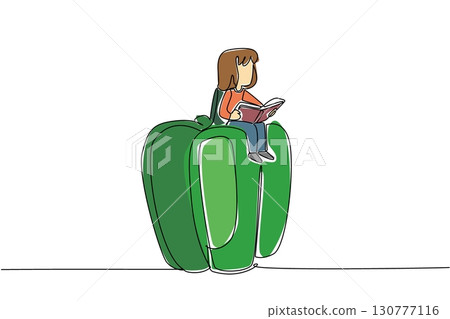 Continuous one line drawing girl reading on peppers. Reviewing lessons for practical exam on growing peppers. Girl Reading Book at Vegetables and Fruits. Single line draw design vector illustration Continuous one line drawing girl reading on peppers. Reviewing lessons for practical exam on growing peppers. Girl Reading Book at Vegetables and Fruits. Single line draw design vector illustration 130777116