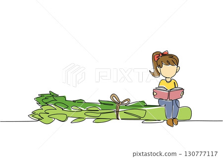 Single continuous line drawing girl reading on asparagus. Seriously read about the benefits of asparagus for the body. Girl Reading Book at Vegetables and Fruits. One line design vector illustration 130777117