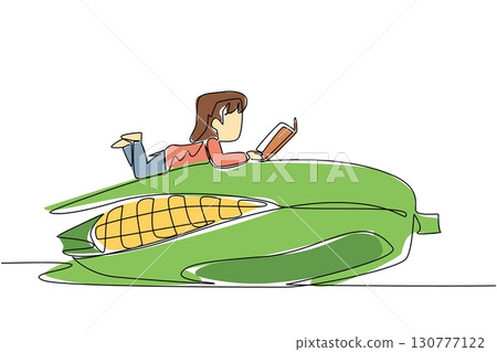 Single continuous line drawing girl reading on corn. Find out the best season to plant corn seeds to make them sweet. Girl Reading Book at Vegetables and Fruits. One line design vector illustration 130777122