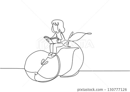 Single continuous line drawing young girl reading on apple. Reading while snacking on apples. Smart and healthy. Nerd. Girl Reading Book at Vegetables and Fruits. One line design vector illustration 130777126