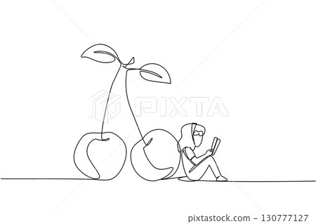 Single continuous line drawing young girl reading leaning next to cherry. Reading fiction seriously. Hobby reading. Girl Reading Book at Vegetables and Fruits. One line design vector illustration 130777127