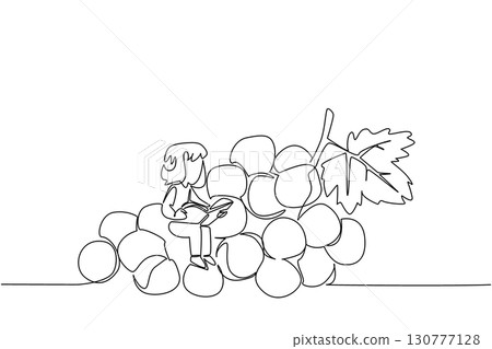 Single one line drawing girl reading on a pile of grapes. Find out how to cultivate grapes to make them sweet. Girl Reading Book at Vegetables and Fruits. Continuous line design graphic illustration 130777128