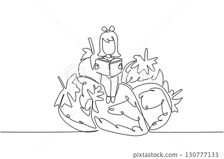Continuous one line drawing girl reading on pile of strawberries. Harvest season and exam season come together. Girl Reading Book at Vegetables and Fruits. Single line draw design vector illustration 130777133