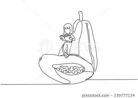 Single one line drawing girl reading while standing on a partially cut papaya. Serious. Focus. Hobby reading. Girl Reading Book at Vegetables and Fruits. Continuous line design graphic illustration 130777134