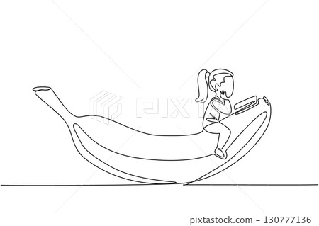 Single continuous line drawing girl reading on banana. Read the exciting experience of playing banana boat. Embracing. Girl Reading Book at Vegetables and Fruits. One line design vector illustration 130777136