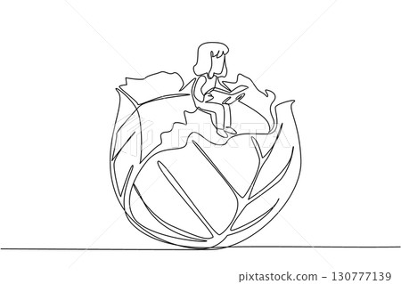 Continuous one line drawing young girl reading on leafy green cabbage. Enjoy reading during the harvest season. Girl Reading Book at Vegetables and Fruits. Single line draw design vector illustration 130777139
