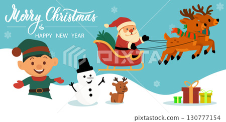 Cartoon Christmas card with Santa and greeting inscription. 130777154