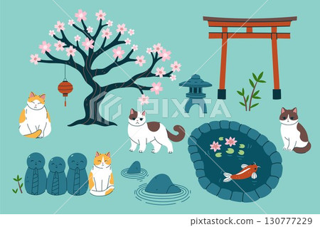 Collection of cats in a Japanese garden. vector  graphics. 130777229