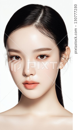 Young Korean woman with flawless skin posing in studio lighting, showcasing beauty and elegance with natural makeup 130777280