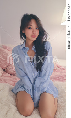 Young woman in blue striped shirt sits on bed with soft pink bedding in cozy indoor setting Young woman in blue striped shirt sits on bed with soft pink bedding in cozy indoor setting 130777287