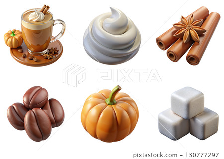 3d icons collection for pumpkin spice latte ingredients - coffee, pumpkin, cinnamon, whipped cream 130777297