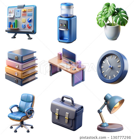 3d office icons collection, modern desk accessories, documents, plant, research board, desk lamp, corporate design 130777298