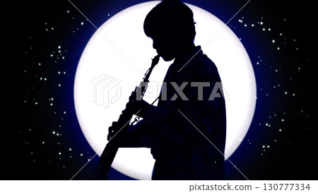 Silhouette of a person playing soprano saxophone: Moon/Full moon Silhouette of a person playing soprano saxophone: Moon/Full moon 130777334