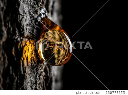 Macro of a prehistoric mosquito trapped in a drop of tree resin amber on a dark background 130777355