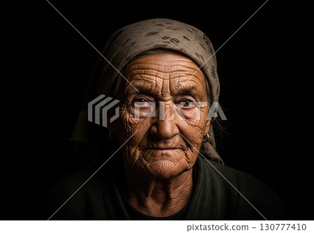 Dramatic portrait of a pensive elderly woman with wrinkled skin and a headscarf in the dark 130777410