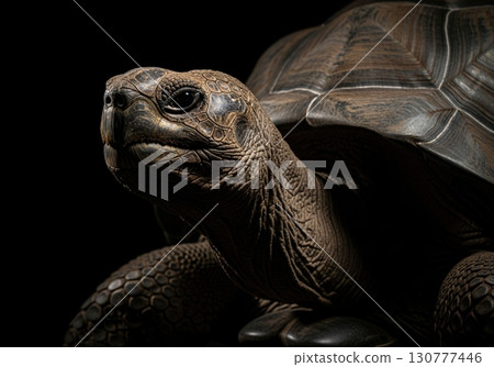 Dramatic studio portrait of a giant tortoise with wrinkled skin on a dark black background Dramatic studio portrait of a giant tortoise with wrinkled skin on a dark black background 130777446