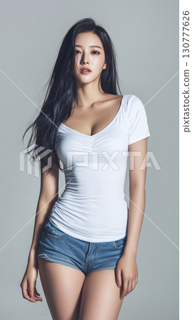 Korean model showcasing casual fashion with confidence in simple outfit and natural pose against plain background 130777626