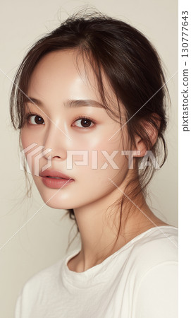 Elegant portrait of a young Korean woman with natural makeup and soft lighting 130777643