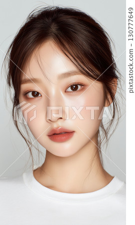 Korean woman with natural makeup showcasing beauty and elegance in a simple white top against a light background Korean woman with natural makeup showcasing beauty and elegance in a simple white top against a light background 130777649