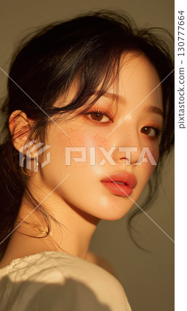 Young Korean woman showcasing radiant skin and natural makeup in warm lighting during a portrait session 130777664