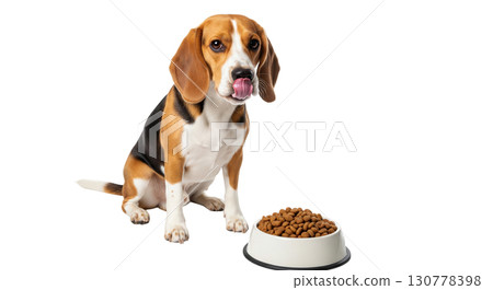 A short haired beagle dog sits attentively, looking at a bowl filled with kibble. Its expression shows eagerness and anticipation in a clean, bright background. A short haired beagle dog sits attentively, looking at a bowl filled with kibble. Its expression shows eagerness and anticipation in a clean, bright background. 130778398