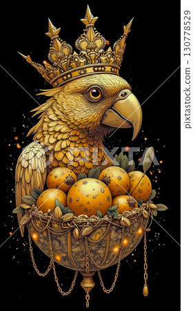Golden parrot king with crown and oranges in a decorative basket. This ornate illustration features a golden parrot wearing an intricate crown, perched atop an ornate basket filled with fruit. 130778529
