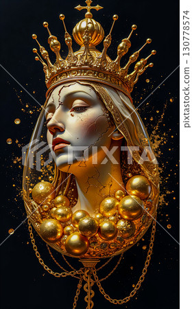 Golden crowned madonna with ornate details. A sculptural face of a maiden wearing a crown, this composition is a combination of classical and abstract elements. 130778574