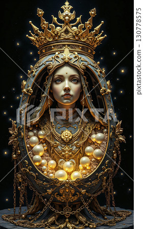 Ornate queen in regal gold and jewels. A regal bust of a queen adorned with an intricate golden crown and elaborate jewelry. Ornate queen in regal gold and jewels. A regal bust of a queen adorned with an intricate golden crown and elaborate jewelry. 130778575