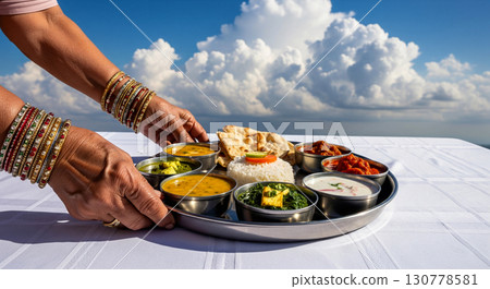 Hands of an elderly Indian woman adorned with traditional bangles place a large platter filled with various dishes on a table against a backdrop of fluffy clouds. 130778581