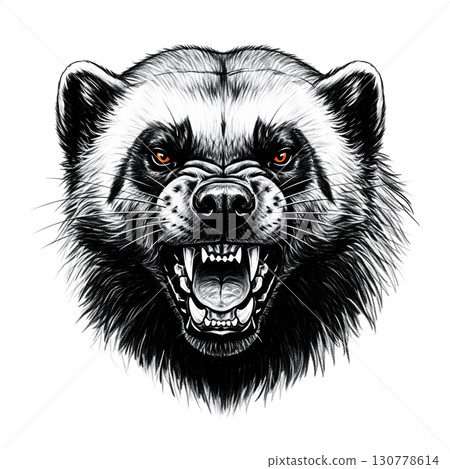 A powerful wolverine displays an angry snarl, highlighting its sharp teeth and intense gaze. The animal's fierce demeanor captures a primal energy, perfect for bold visuals or designs. 130778614