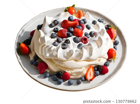 Pavlova with meringue and berry fruits, Elevate the freshness with a delightful dessert featuring crisp meringue, whipped cream  and vibrant juicy berries. AI Generated 130778662