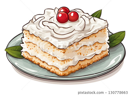 Illustration depicting Coconut Tres Leches Cake, a sponge cake soaked in coconut milk served with assorted berries to enhance its freshness and appeal. AI Generated 130778663