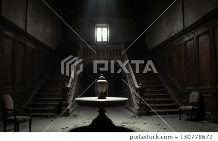 Dark haunted mansion hall with old wooden staircase and eerie abandoned atmosphere 130778672