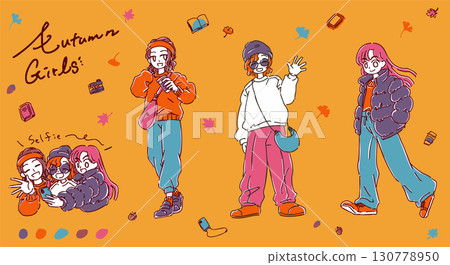 簡單可愛的秋季女孩手繪插圖 130778950