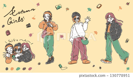 簡單可愛的秋季女孩手繪插圖 簡單可愛的秋季女孩手繪插圖 130778951