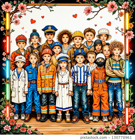 Children in professions a group portrait. A group of children in various professional outfits, including police, firefighter, doctor, chef, and construction worker. They stand in rows on a wooden plat 130778961