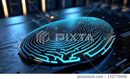 Close-up of a futuristic digital fingerprint scanner with glowing blue lines on a dark electronic circuit background for biometric security technology concept 130779040