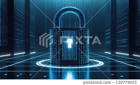 Futuristic digital security concept featu a glowing holographic padlock surrounded by data streams and vibrant neon grid environment in a high-tech setting 130779053