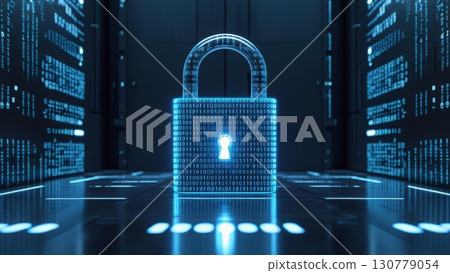 Digital security lock icon in a high technology cybersecurity data center with glowing blue elements representing online privacy and protection 130779054