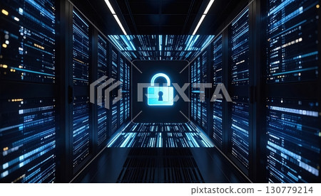Futuristic digital security technology concept with glowing padlock symbol surrounded by neon blue data streams and computer servers in a high tech environment Futuristic digital security technology concept with glowing padlock symbol surrounded by neon blue data streams and computer servers in a high tech environment 130779214