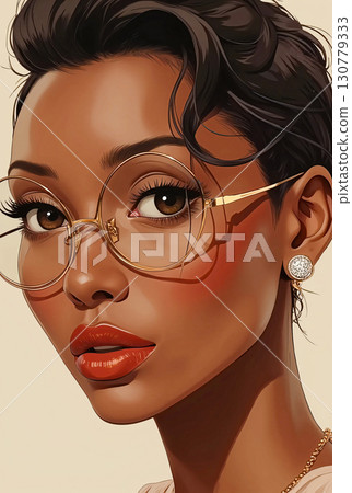 Elegant woman with glasses and red lipstick. A stylish illustration of a woman with short, dark hair and large round glasses. Elegant woman with glasses and red lipstick. A stylish illustration of a woman with short, dark hair and large round glasses. 130779333