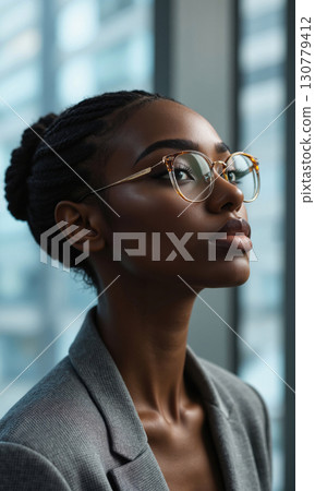 Black woman with sleek braided bob and square glasses, watching emotional intelligence insights pulse gently, her lips poised in thought 130779412