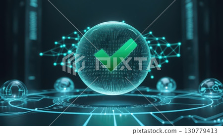 Futuristic digital globe with checkmark symbol surrounded by interconnected data nodes highlighting cybersecurity and technological innovation in a dark high-tech environment 130779413